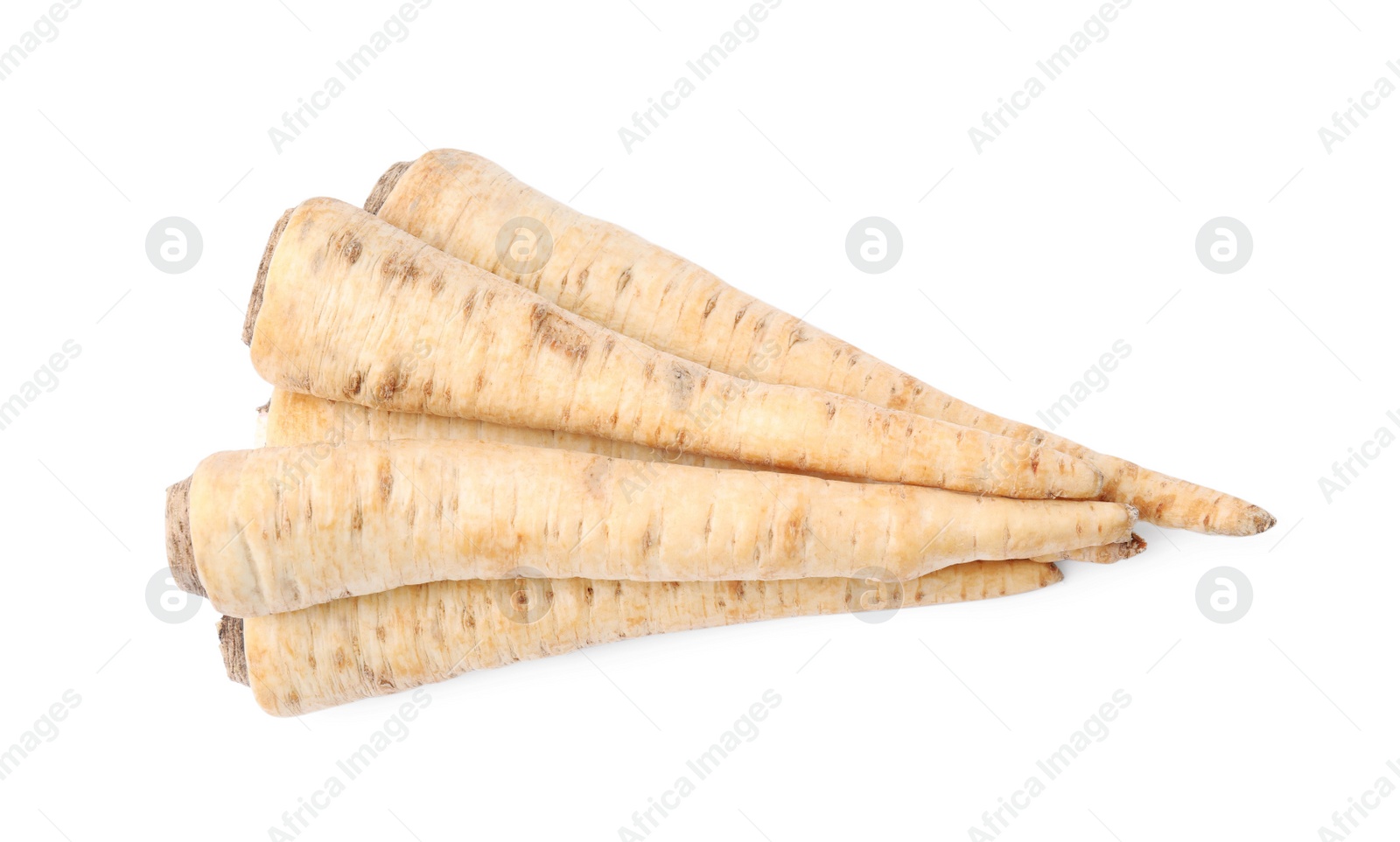 Photo of Raw parsley roots isolated on white, top view