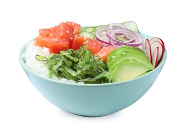 Photo of Delicious poke bowl with salmon, seaweed and avocado isolated on white