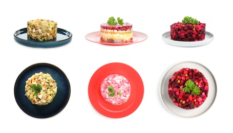 Image of Set of traditional russian salads on white background