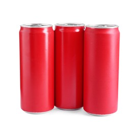 Energy drinks in red aluminum cans on white background