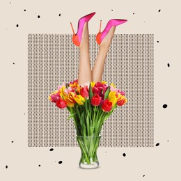 Image of Creative art collage about femininity, style and fashion. Woman sticking out of vase with vibrant tulips on bright background