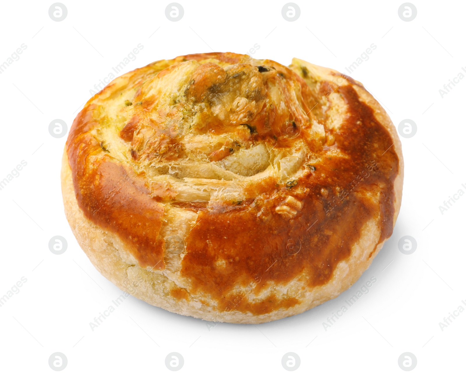 Photo of Fresh delicious puff pastry with tasty filling on white background