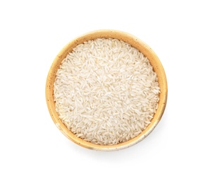 Photo of Bowl with uncooked rice on white background, top view