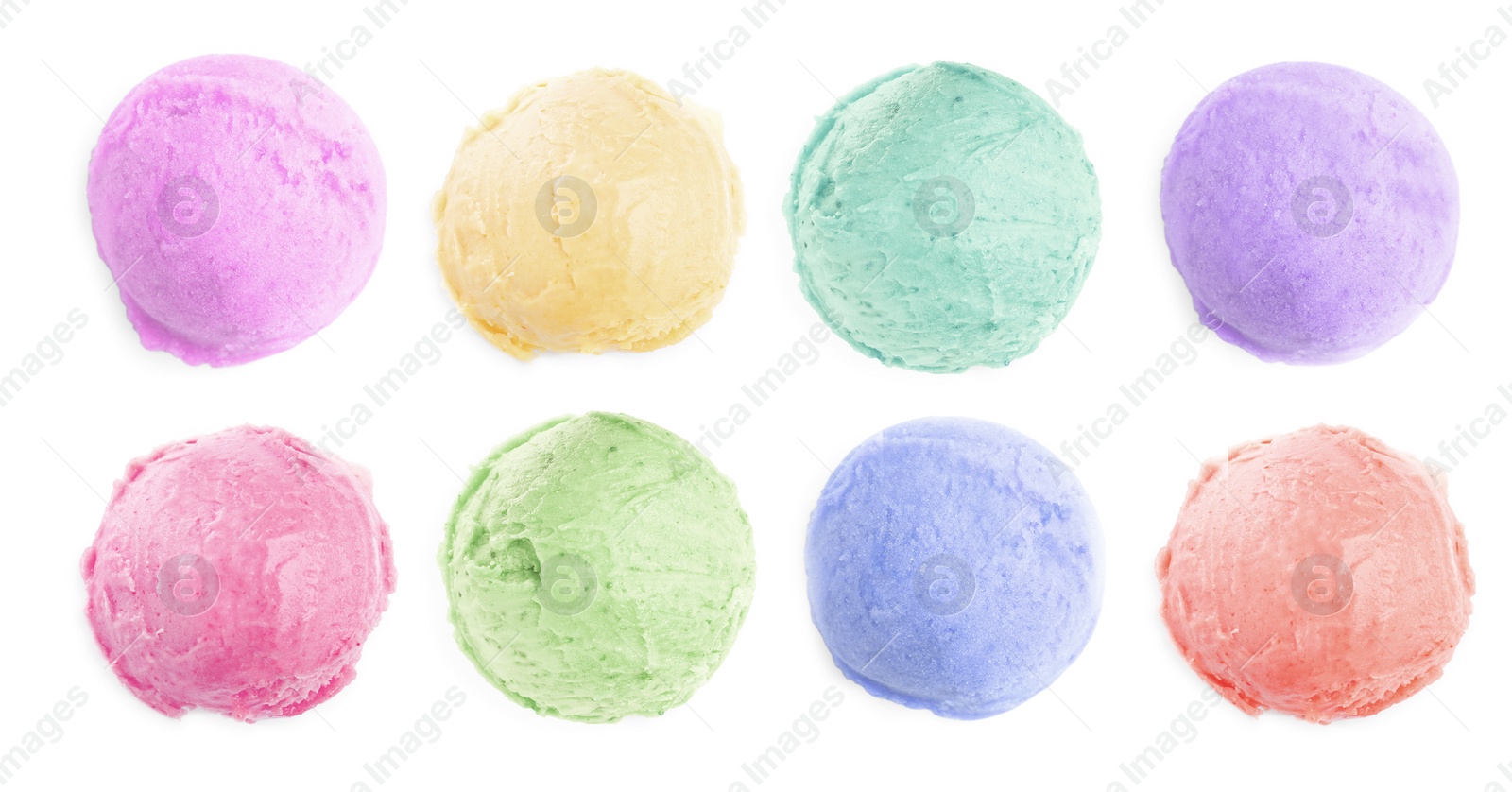 Image of Set of ice cream scoops of different colors and flavors isolated on white, top view