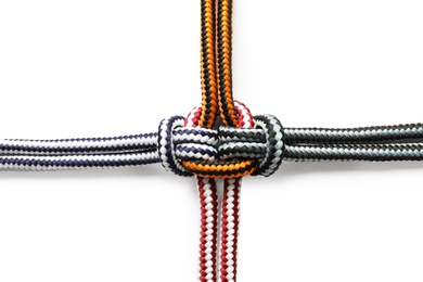 Photo of Colorful ropes tied together on white background. Unity concept