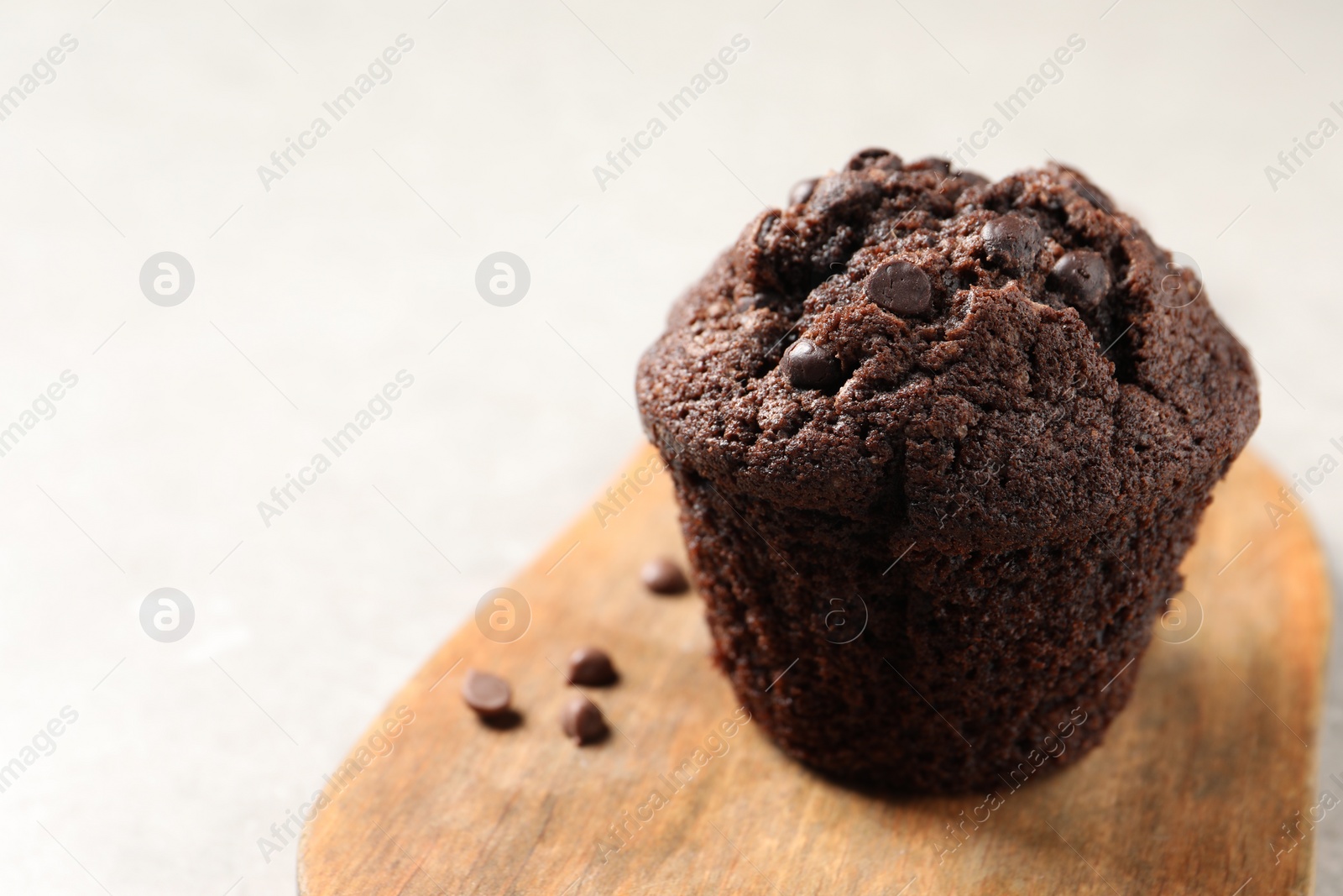 Photo of Delicious chocolate muffin on light table, closeup. Space for text