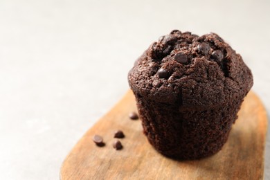 Photo of Delicious chocolate muffin on light table, closeup. Space for text