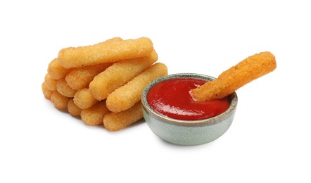 Photo of Delicious cheese sticks and ketchup in bowl on white background
