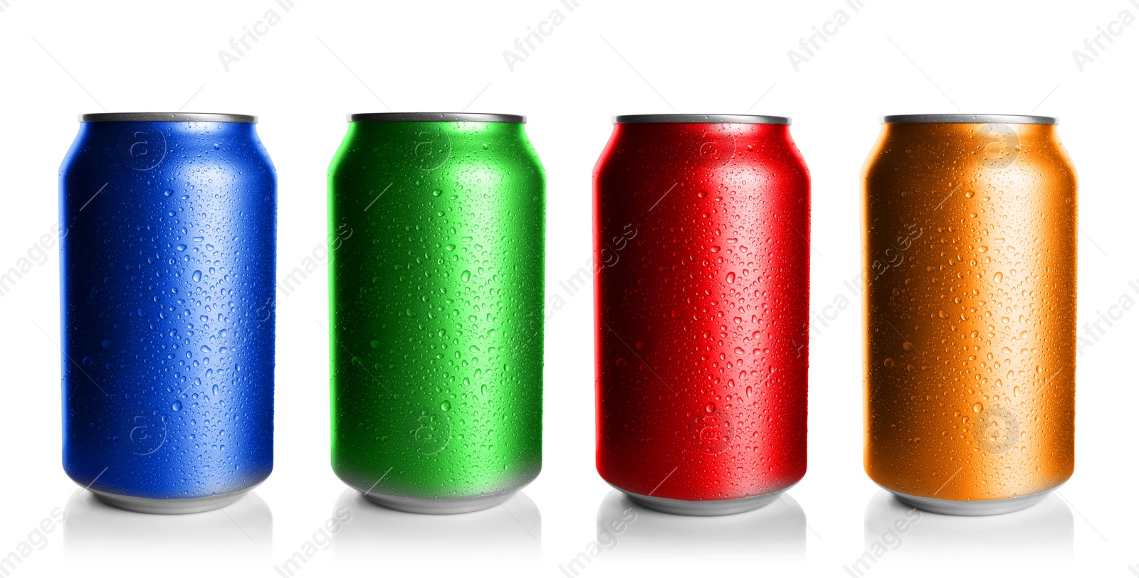 Image of Set with different colorful aluminium cans of beverage on white background. Banner design