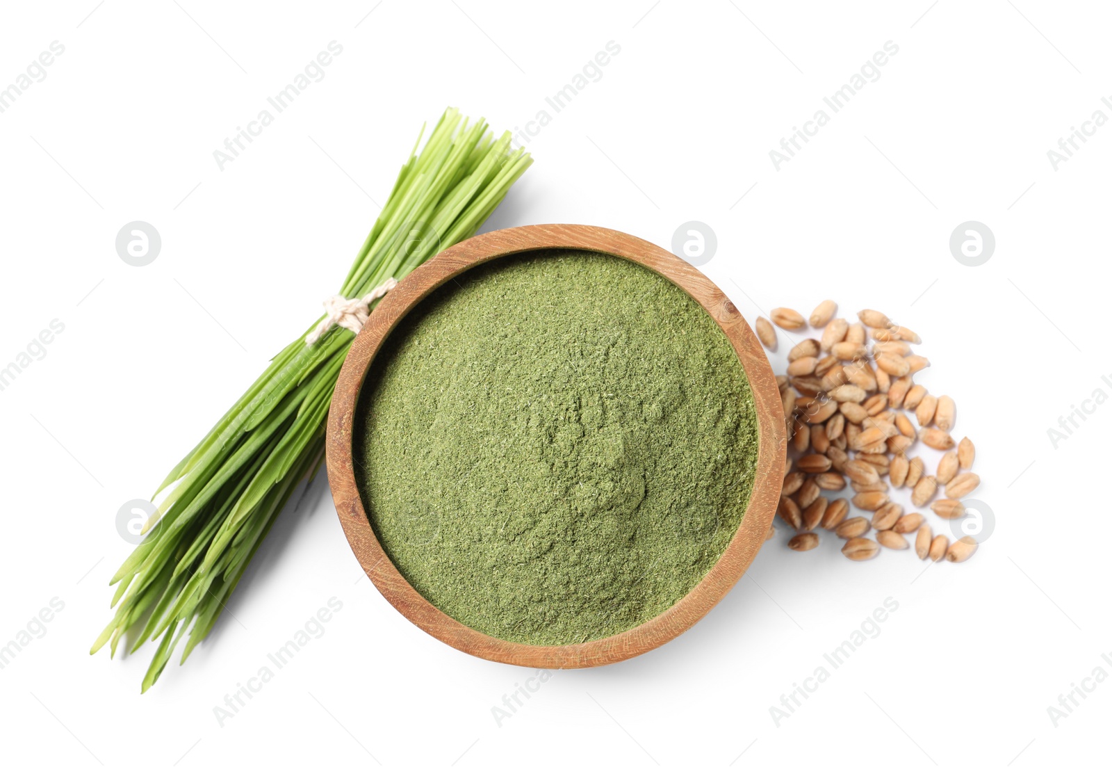 Photo of Wheat grass powder in bowl, seeds and fresh sprouts isolated on white, top view