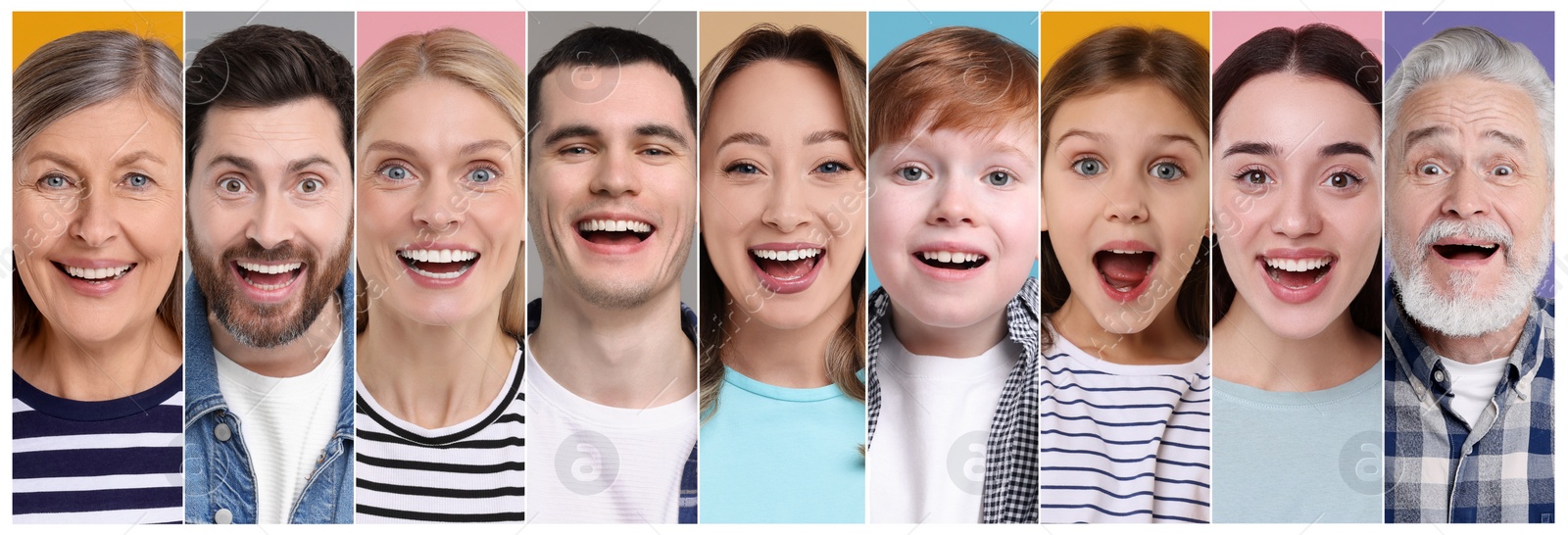 Image of Collage with photos of surprised people on different color backgrounds