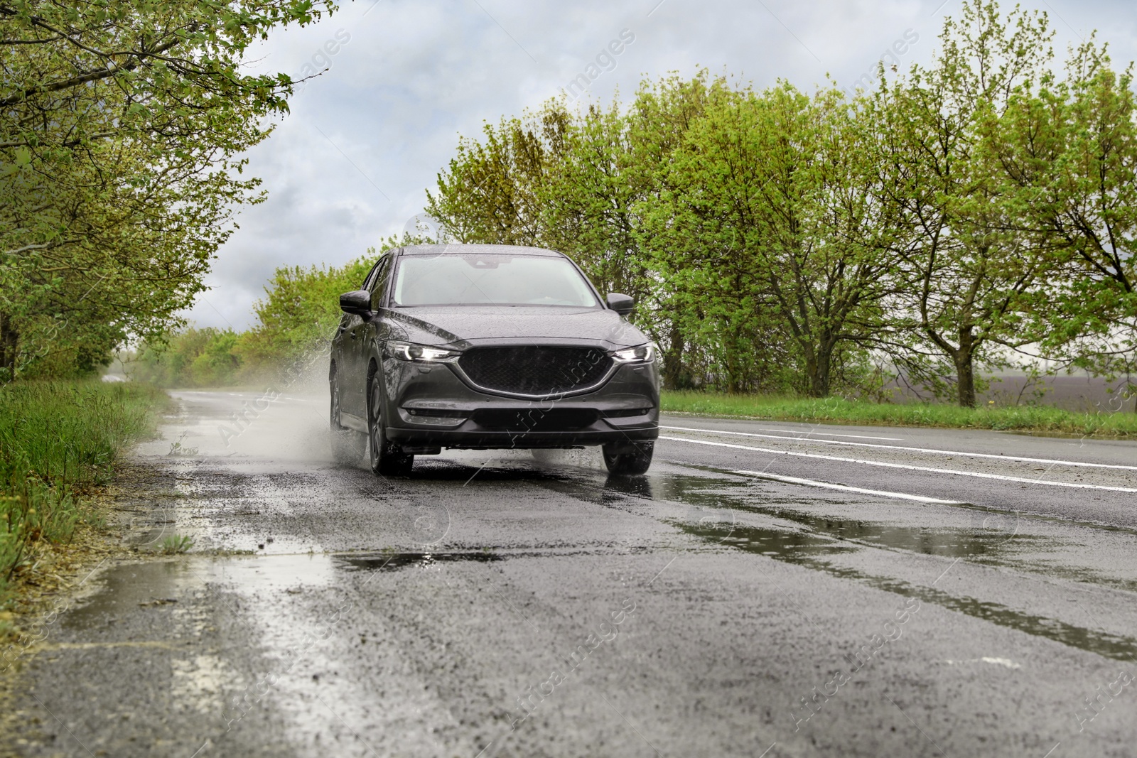 Photo of Wet suburban road with car on rainy day