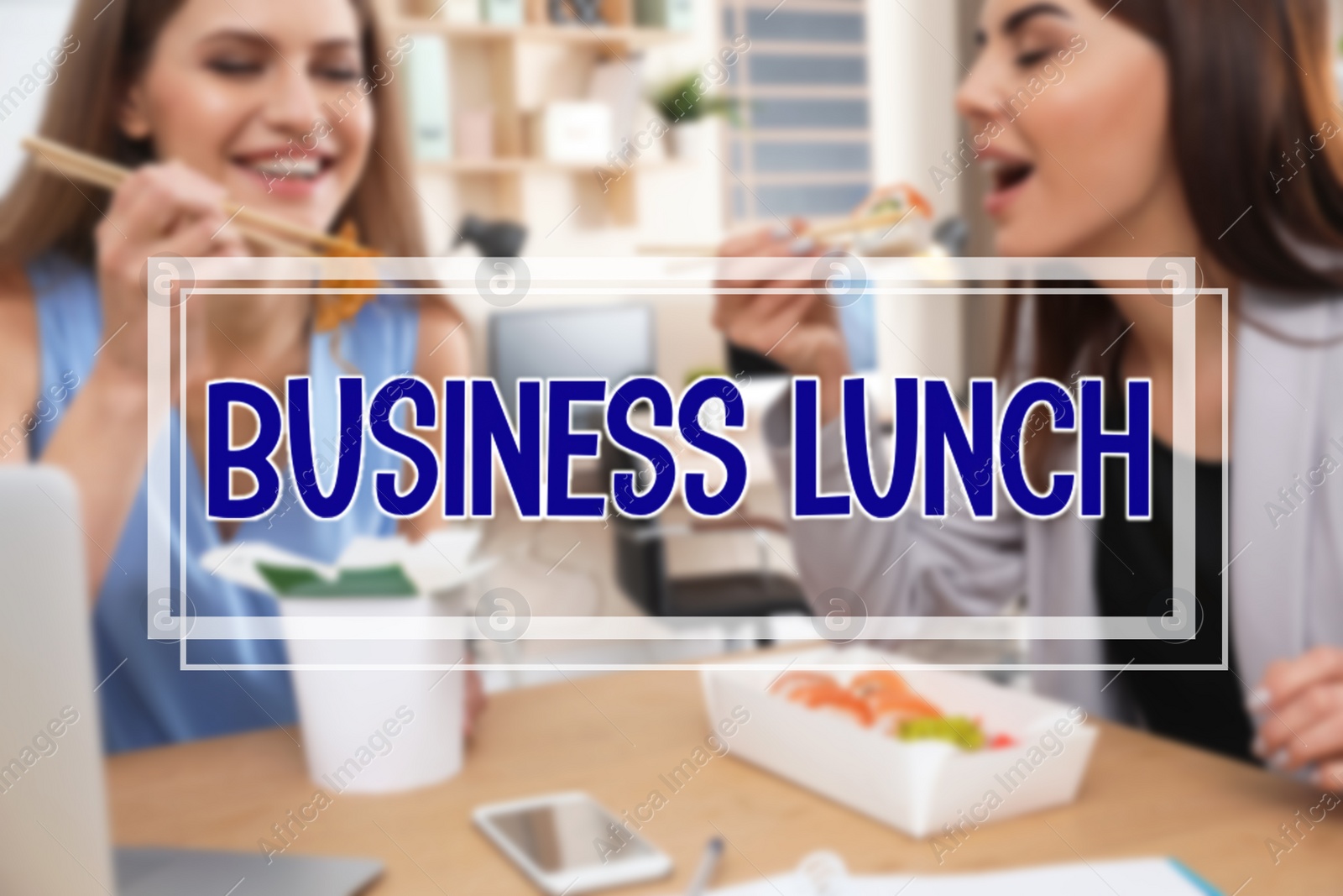Image of Office employees eating at workplace. Business lunch
