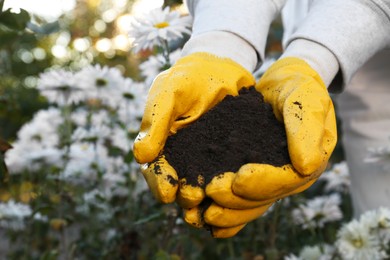 Photo of Woman in gardening gloves holding pile of soil outdoors, closeup
