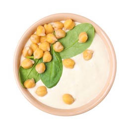 Tasty chickpea soup in bowl on white background, top view