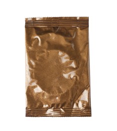Photo of Packaged female condom isolated on white, top view. Safe sex