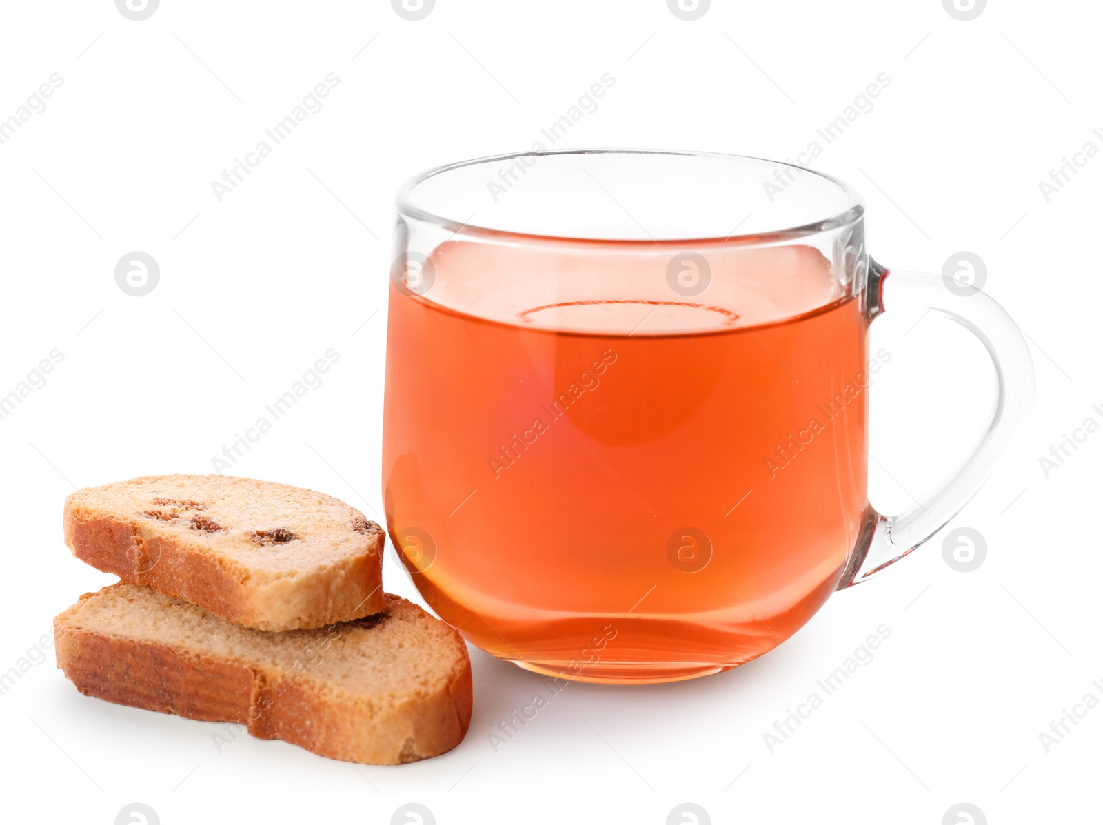 Photo of Sweet hard chuck crackers with raisins and cup of tea on white background