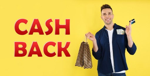 Image of Happy man with money, shopping bags, credit card words Cash Back on yellow background. Banner design