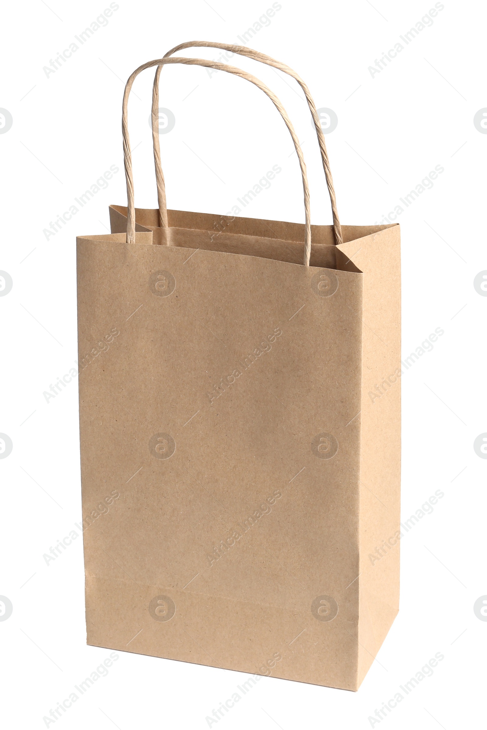 Photo of One kraft paper bag isolated on white. Mockup for design