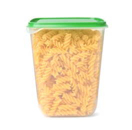 Photo of Plastic container filled with pasta isolated on white