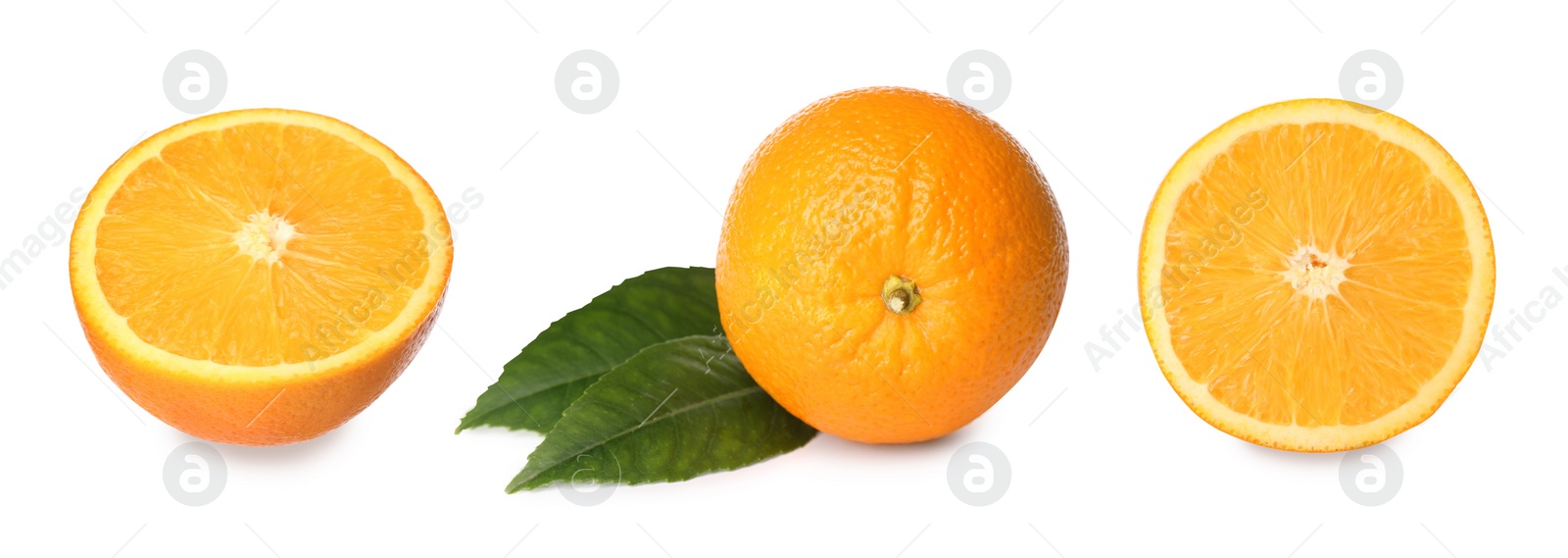 Image of Set with tasty ripe oranges on white background. Banner design 