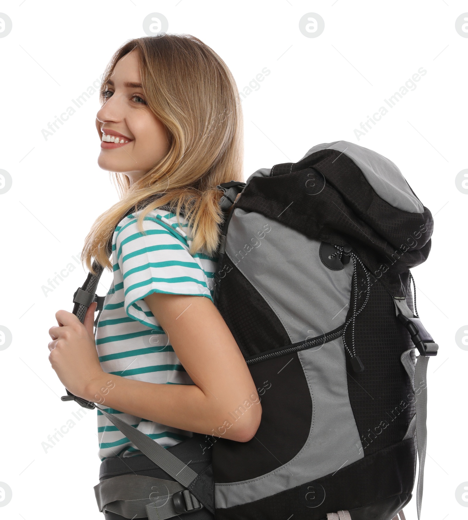 Photo of Woman with backpack on white background. Summer travel