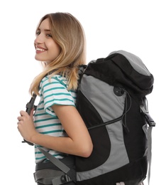 Woman with backpack on white background. Summer travel