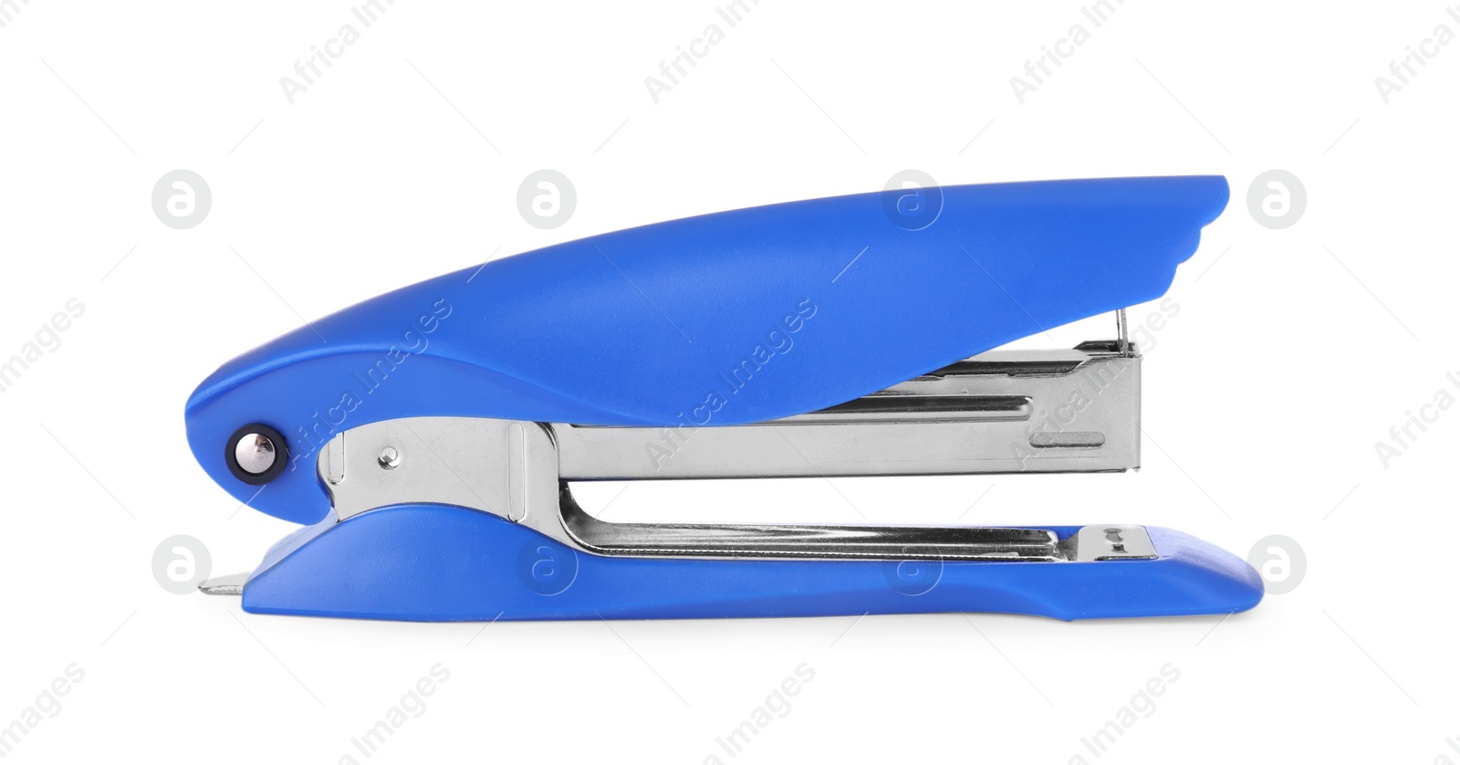 Photo of New bright blue stapler isolated on white