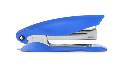 Photo of New bright blue stapler isolated on white