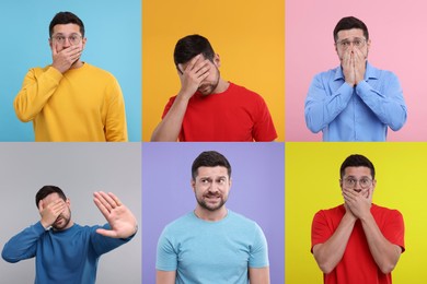 Image of Collage with photos of embarrassed man on different color backgrounds