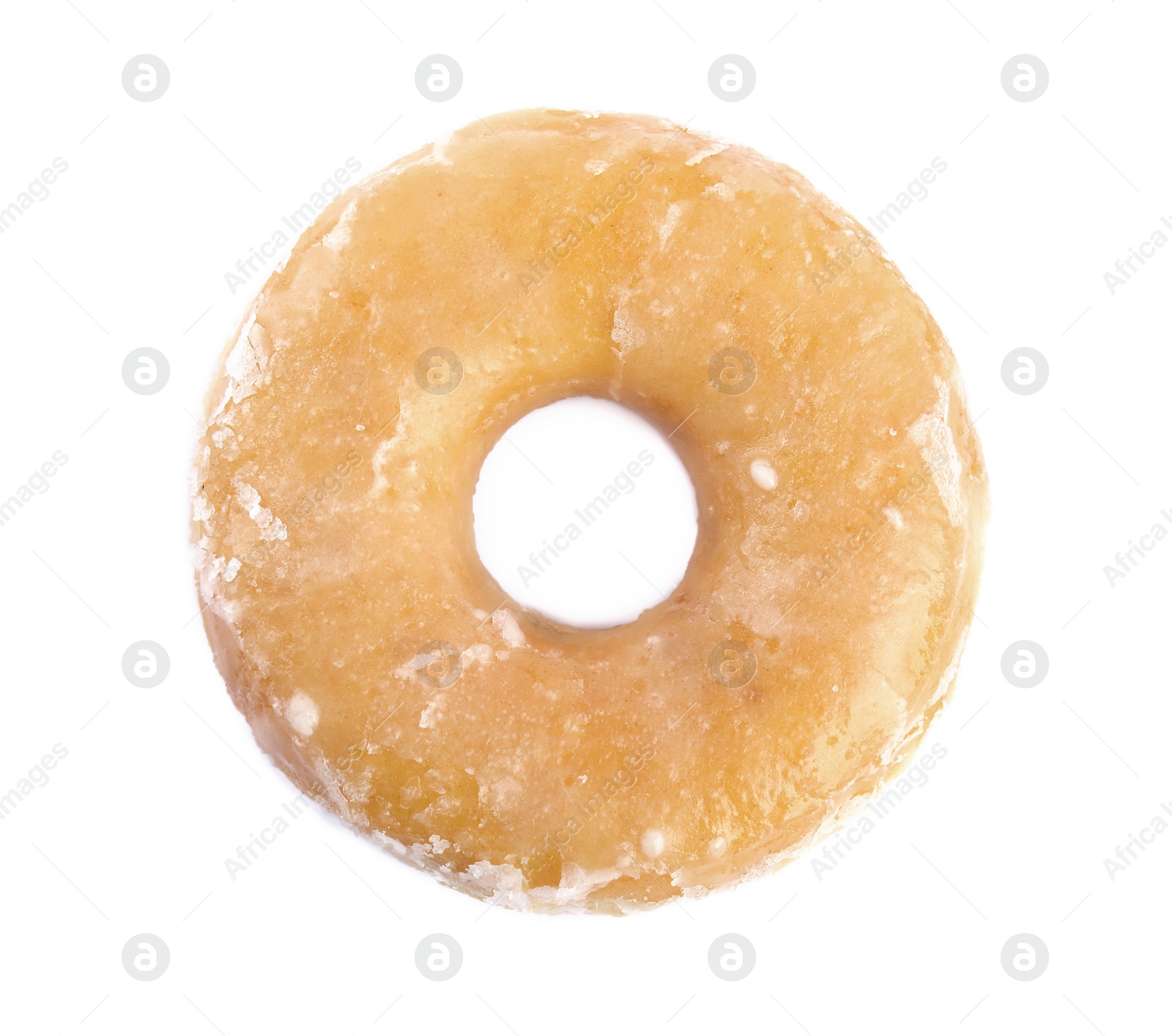 Photo of Sweet delicious glazed donut isolated on white, top view