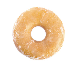 Photo of Sweet delicious glazed donut isolated on white, top view