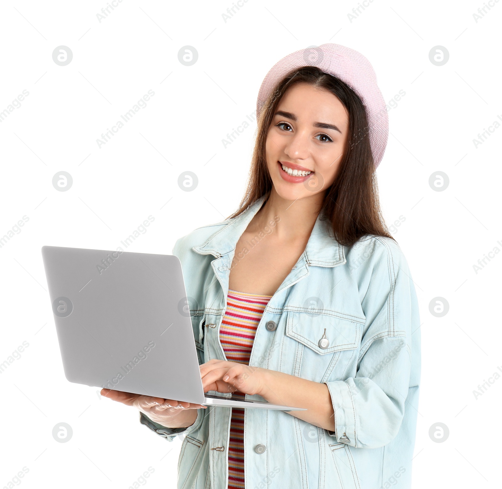 Photo of Portrait of young woman in casual outfit with laptop on white background