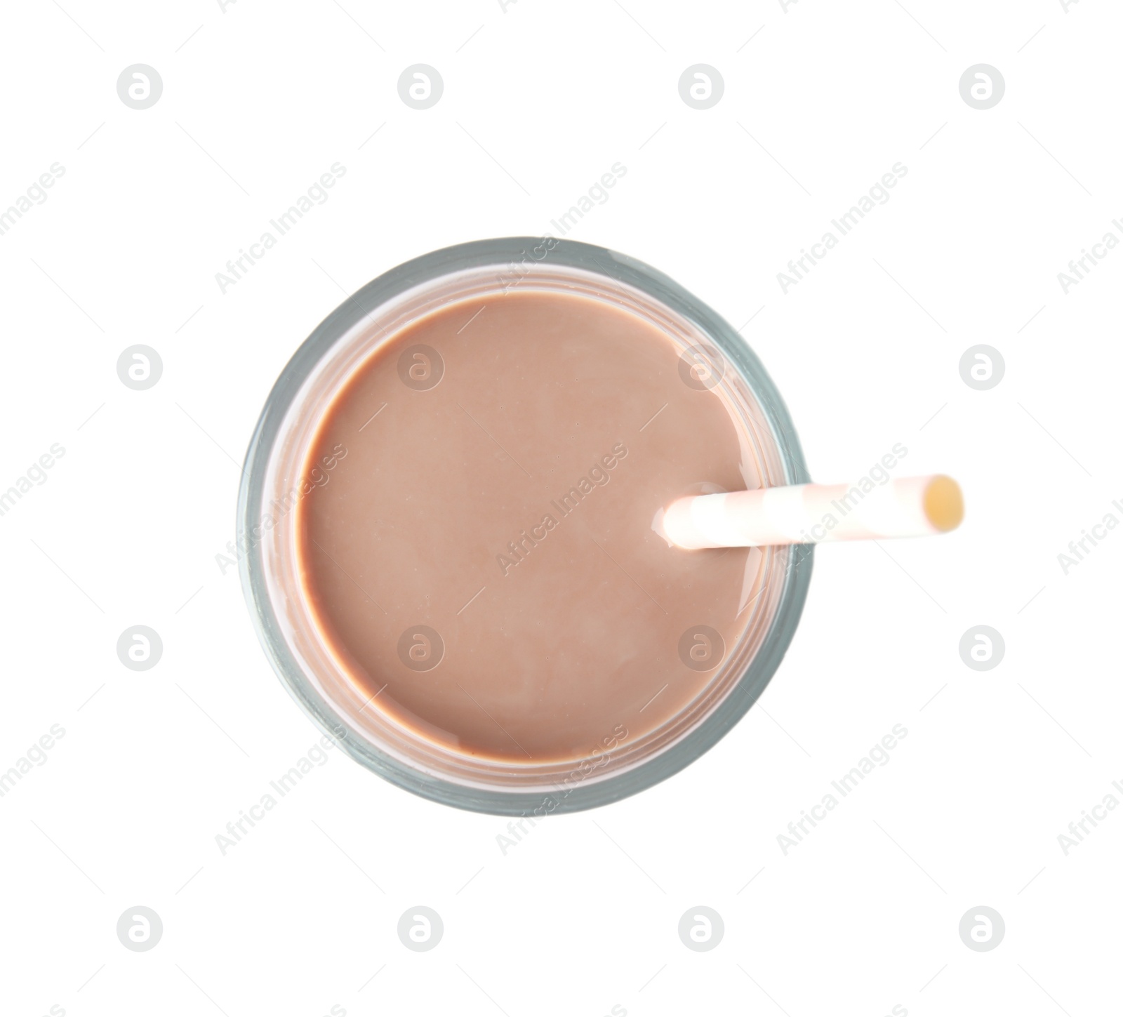 Photo of Glass with tasty chocolate milk on white background, top view. Dairy drink