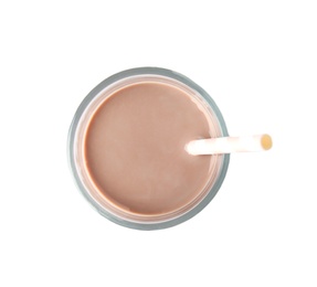 Photo of Glass with tasty chocolate milk on white background, top view. Dairy drink