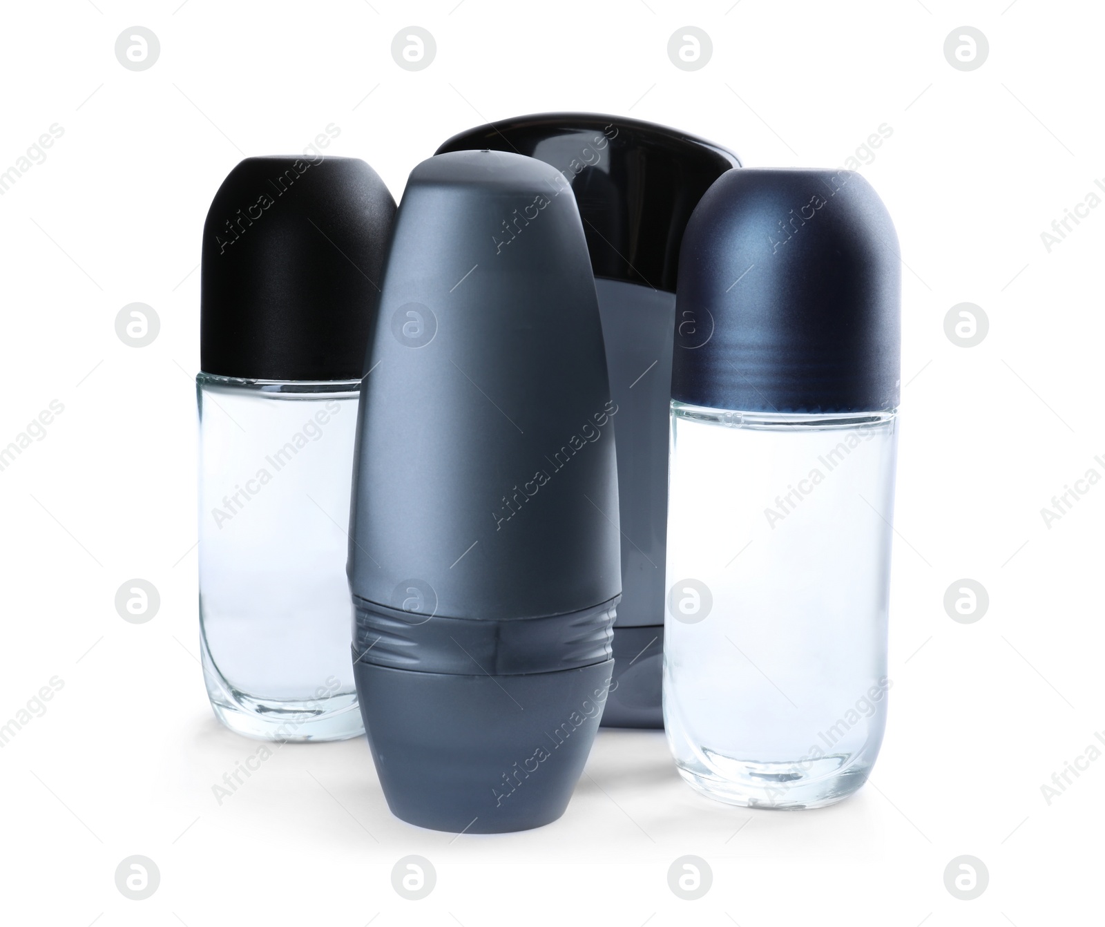 Photo of Different natural male deodorants on white background. Skin care