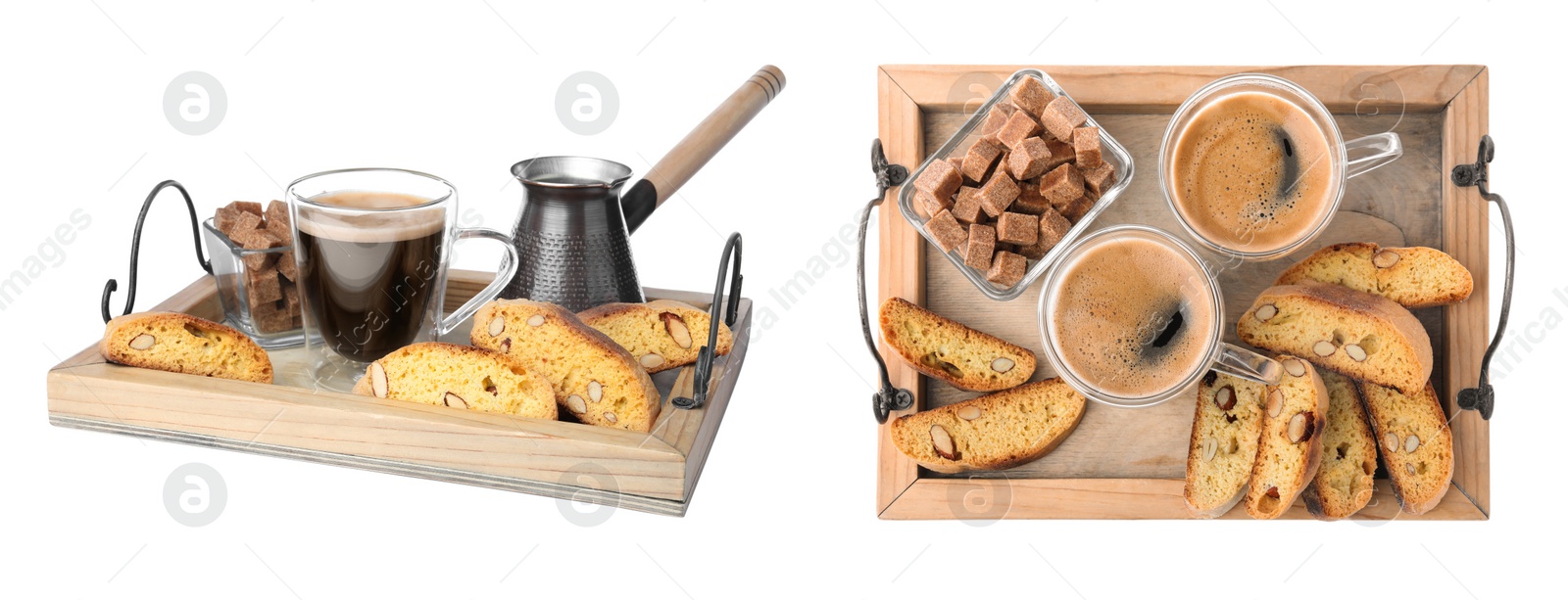 Image of Tasty cantucci and cups of aromatic coffee on white background, collage. Traditional Italian almond biscuits