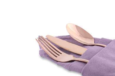 Photo of Stylish shiny cutlery set isolated on white