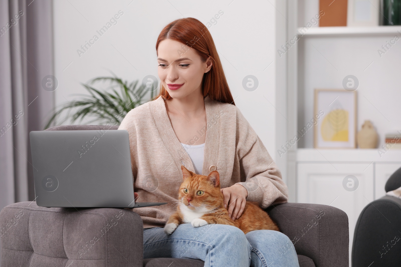 Photo of Woman with cat working in armchair at home