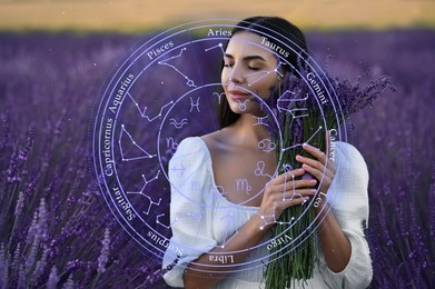 Image of Beautiful young woman in lavender field and zodiac wheel illustration