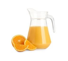 Photo of Freshly made orange juice in jug isolated on white