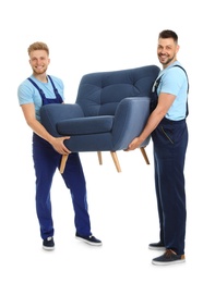 Photo of Portrait of moving service employees with armchair on white background