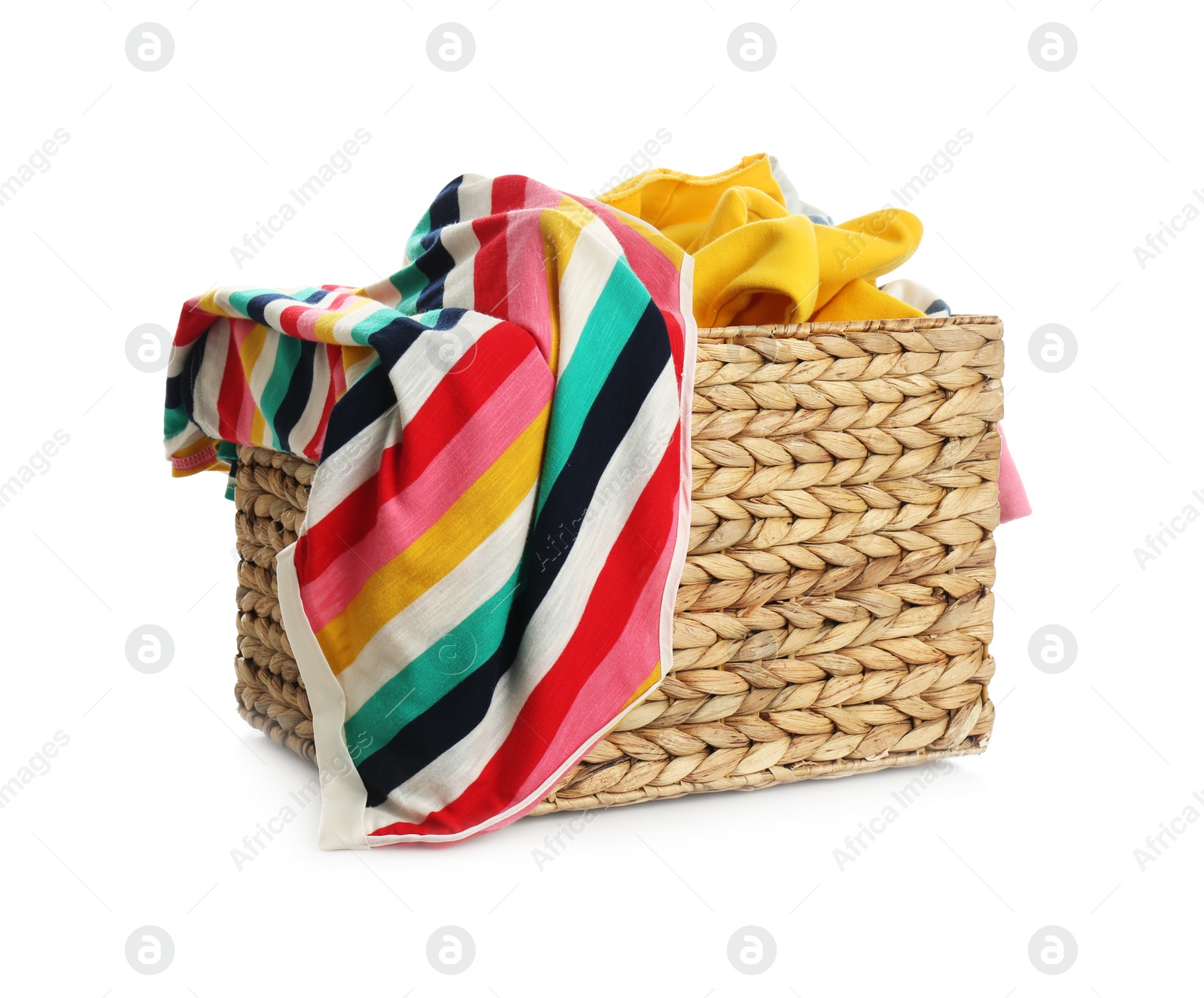 Photo of Wicker laundry basket with different clothes isolated on white