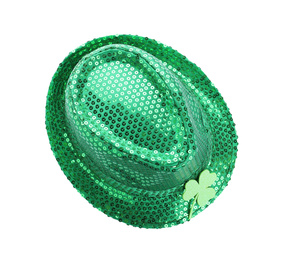 Photo of Green leprechaun hat with clover leaf isolated on white, top view. St. Patrick's Day celebration