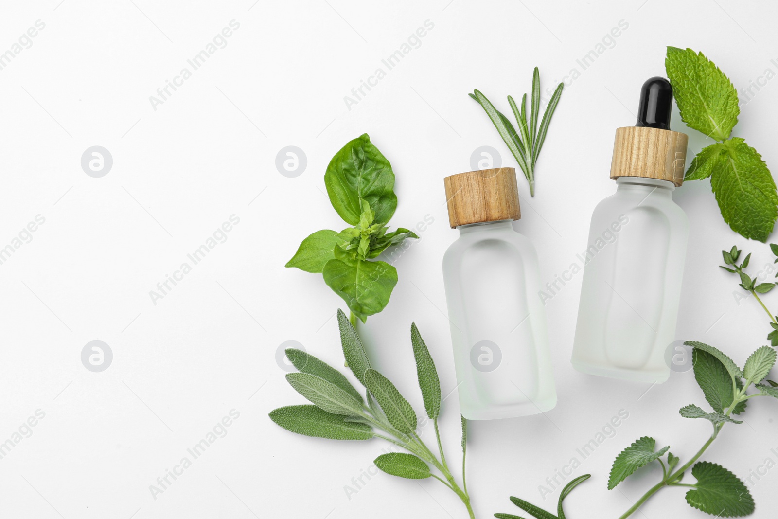 Photo of Bottles of essential oil and fresh herbs on white background, flat lay. Space for text