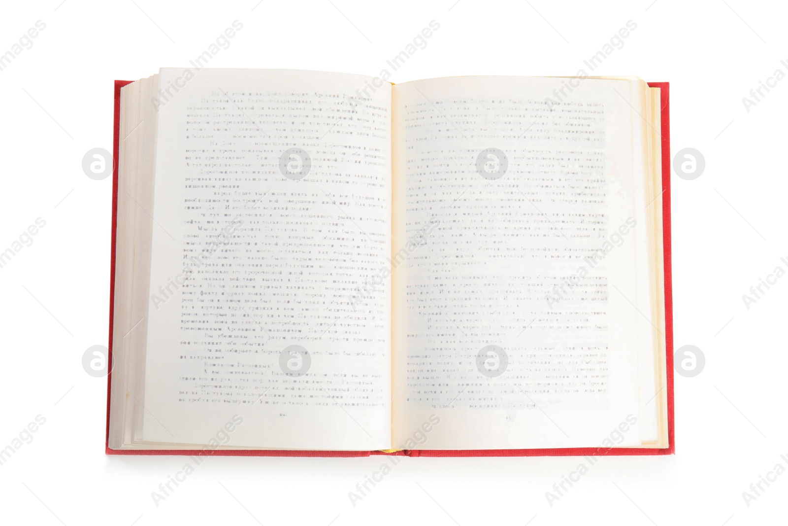 Photo of Open book with hard cover isolated on white, top view