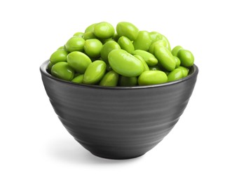 Bowl with fresh edamame soybeans on white background