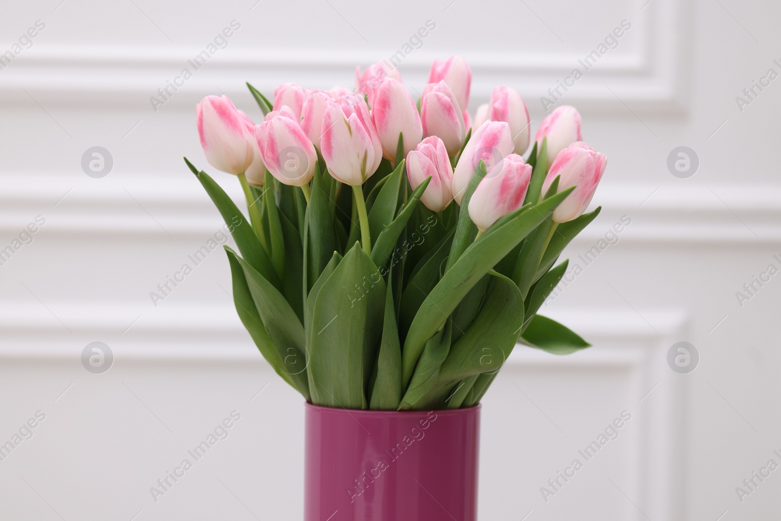 Photo of Beautiful bouquet of fresh pink tulips near white wall