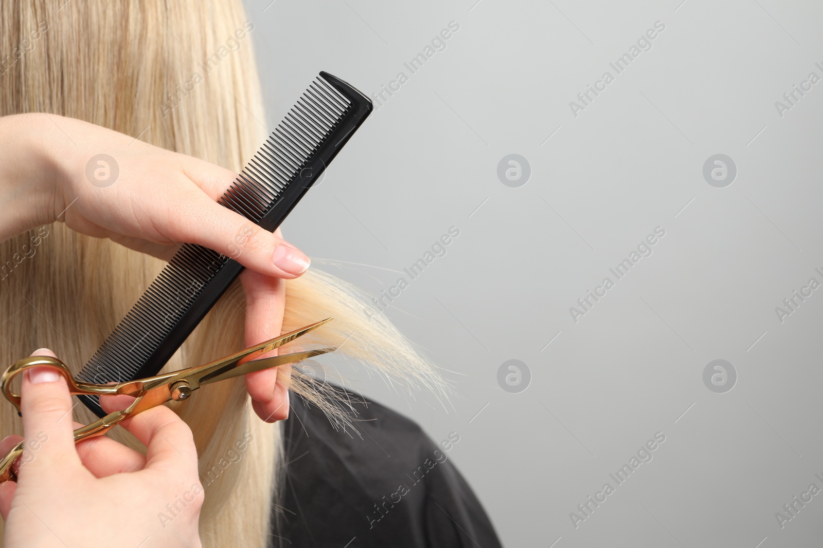 Photo of Hairdresser cutting client's hair with scissors on light grey background, closeup. Space for text