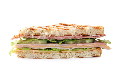 Photo of Tasty sandwich with ham on white background